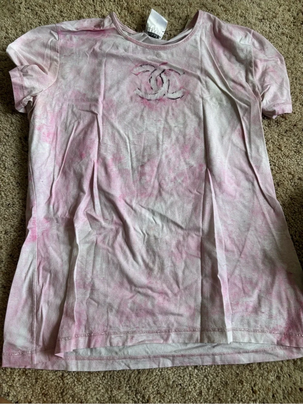 CHANEL Pink Tie-Dye Short Sleeve Logo Tee L